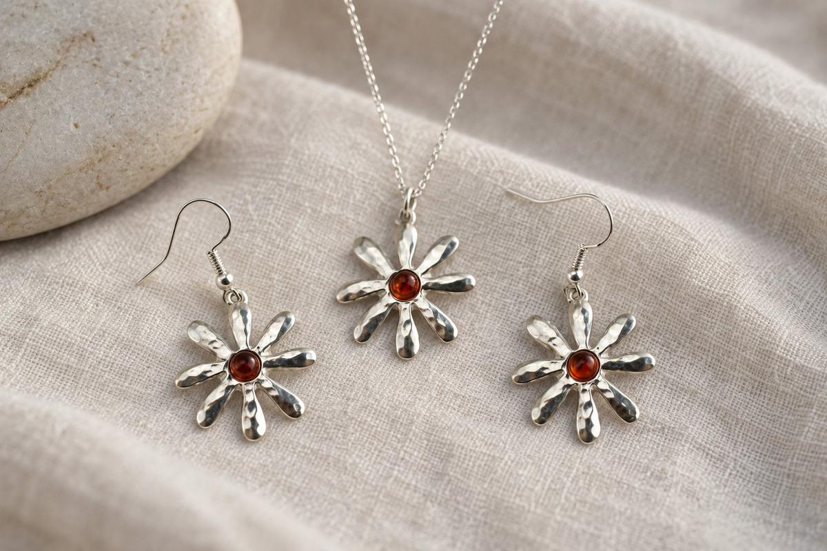 Tin Amber Flower Necklace and Earrings Set | 10th Anniversary Jewellery | Handmade Pure Tin Floral Pendant Gift for Her