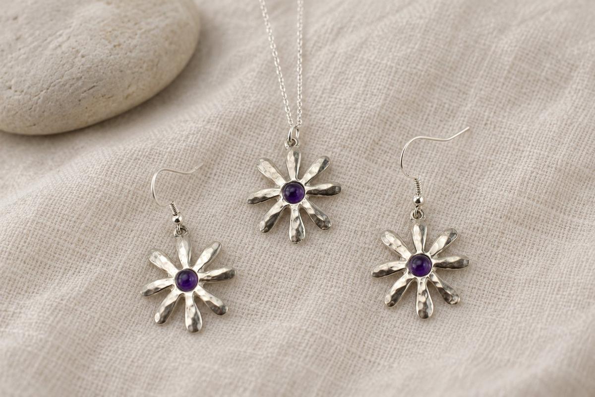 Tin Amethyst Flower Necklace and Earrings Set | 10th Anniversary Jewellery | Handmade Pure Tin Floral Pendant Gift for Her