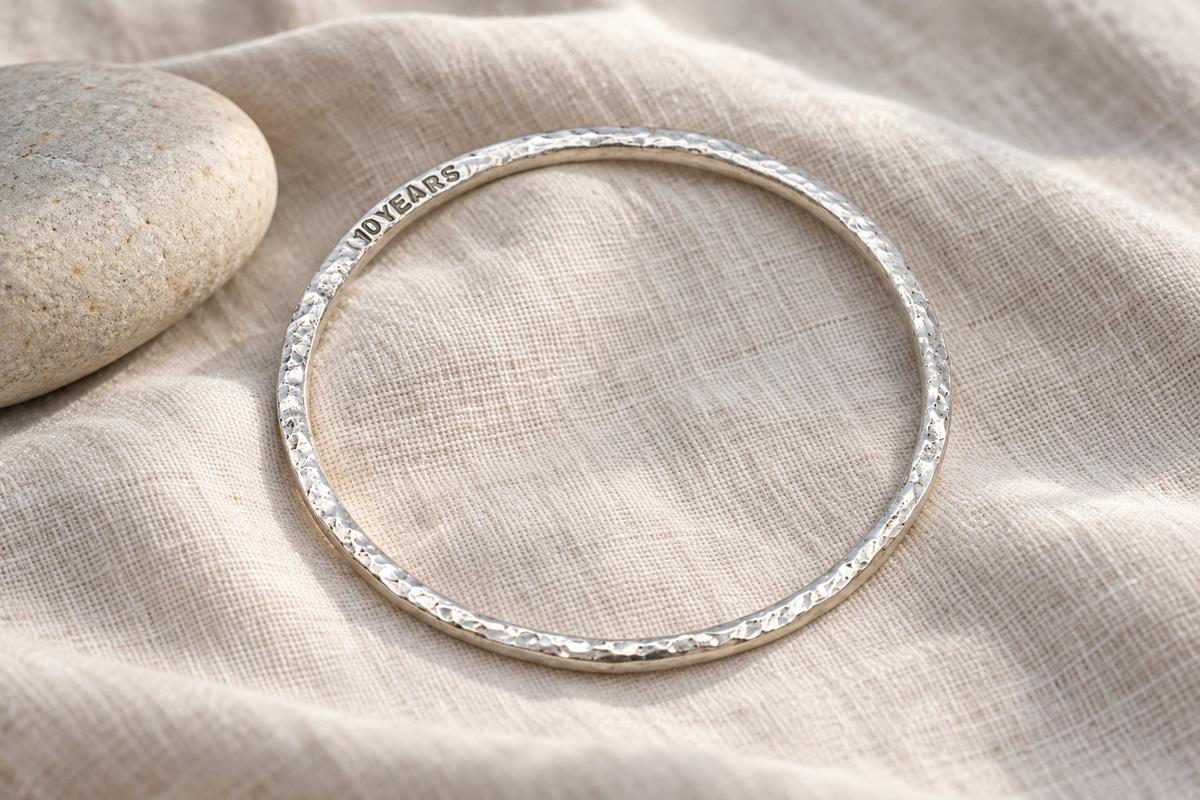 Tin Bangle - 10th Anniversary Gift for Him & Her - Pure Tin Beaten Bangle Inscribed With 10 Years. 3 sizes available