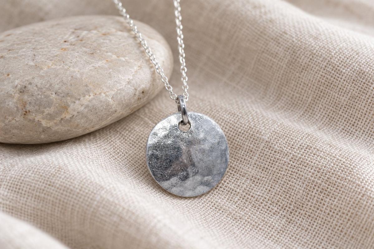 Tin Beaten Disc Pendant Necklace – 10th Anniversary Gift, Pure Tin