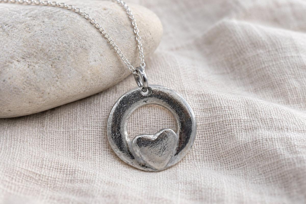 Tin Circle and Heart Pendant - 100% Pure Tin. 10 Year Anniversary. Birthday.