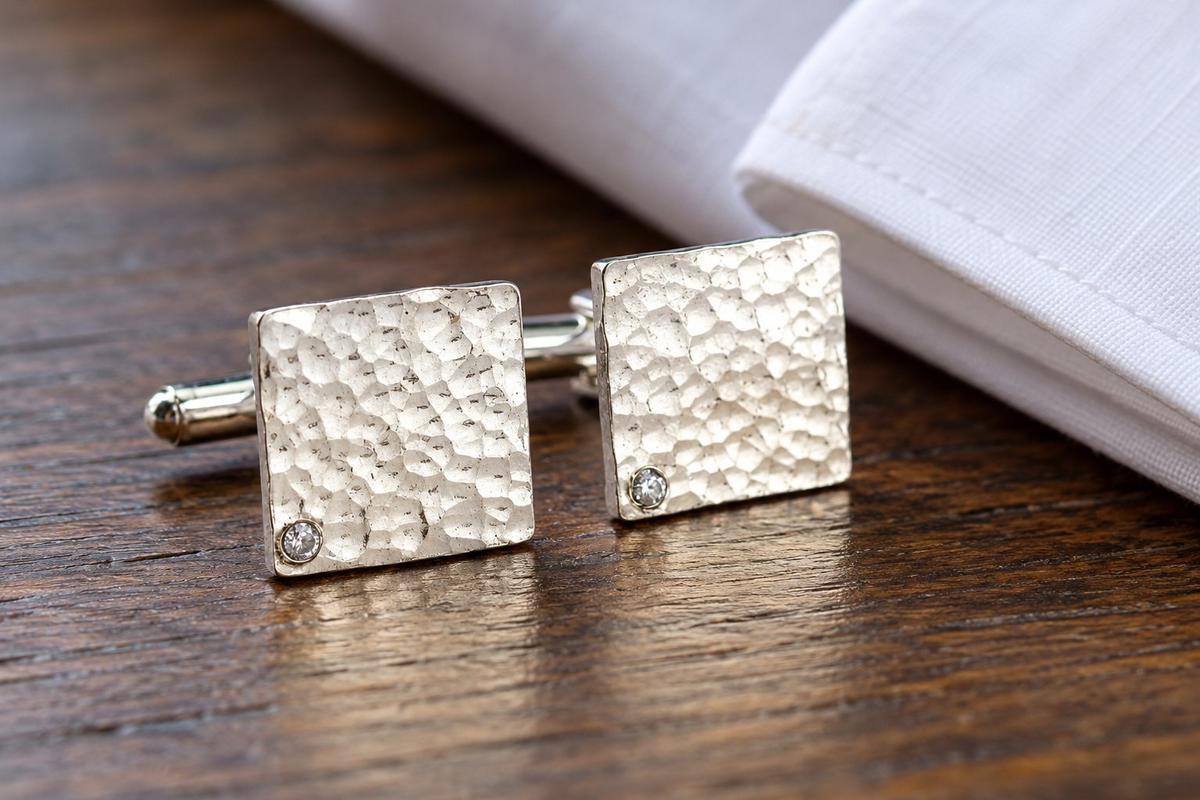 Tin Diamond Cufflinks - Beaten Square Design, 10th Anniversary Gift