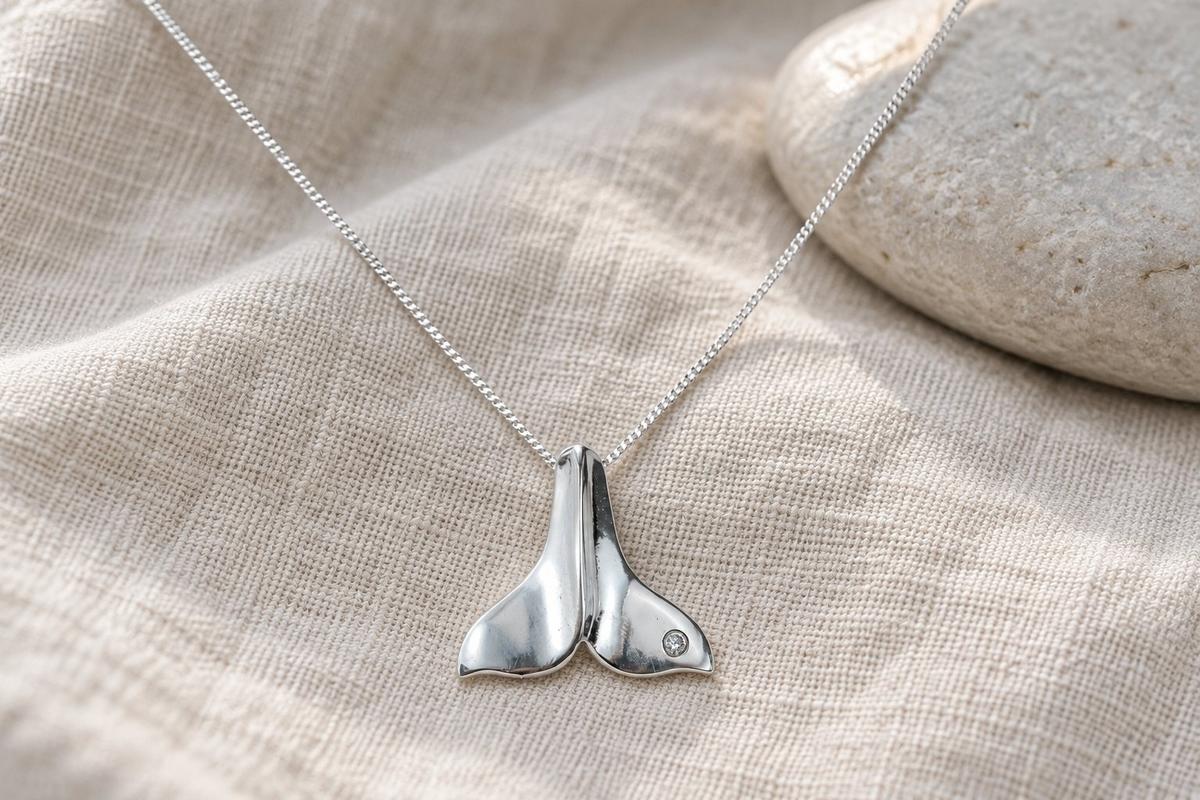 Tin Dolphin Tail Pendant with Diamond – 10th Anniversary Gift